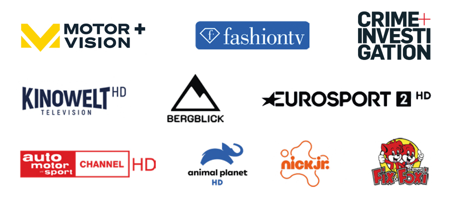 Zusammenstellung verschiedener TV-Sender-Logos im Paket Entertainment HD.