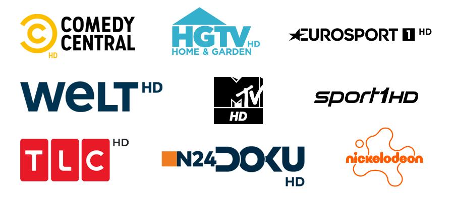 Zusammenstellung verschiedener TV-Sender-Logos im Paket Extra HD.