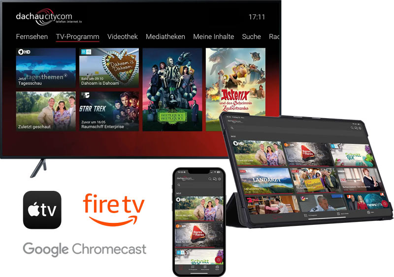 Darstellung einer TV-Programm-App auf verschiedenen Geräten, mit Logos von Apple TV, Amazon Fire TV und Google Chromecast, welche die unterstützten Plattformen hervorheben.